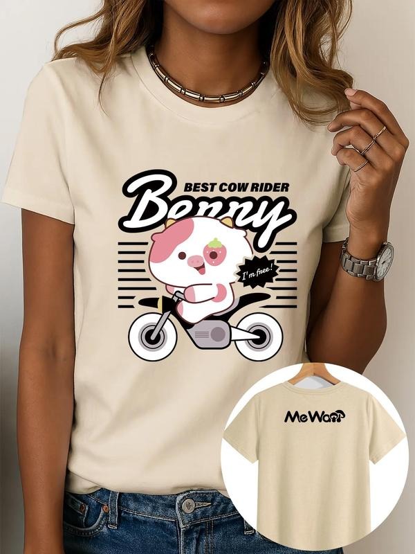Women's Cartoon Cow Graphic Print Round Neck Tee, Fashion Casual Short Sleeve T-shirt for Daily Wear, Ladies Clothes for...