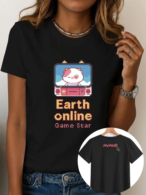 Women's Cartoon Cow Graphic Print Round Neck Tee, Fashion Casual Short Sleeve T-shirt, Ladies Summer Clothes for Daily...