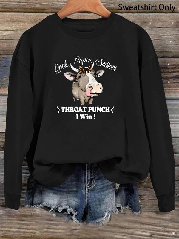 Women's Cartoon Cow Print Drop Shoulder Sweatshirt, Casual Letter Graphic Long Sleeve Round Neck Pullover for Daily Wear,...