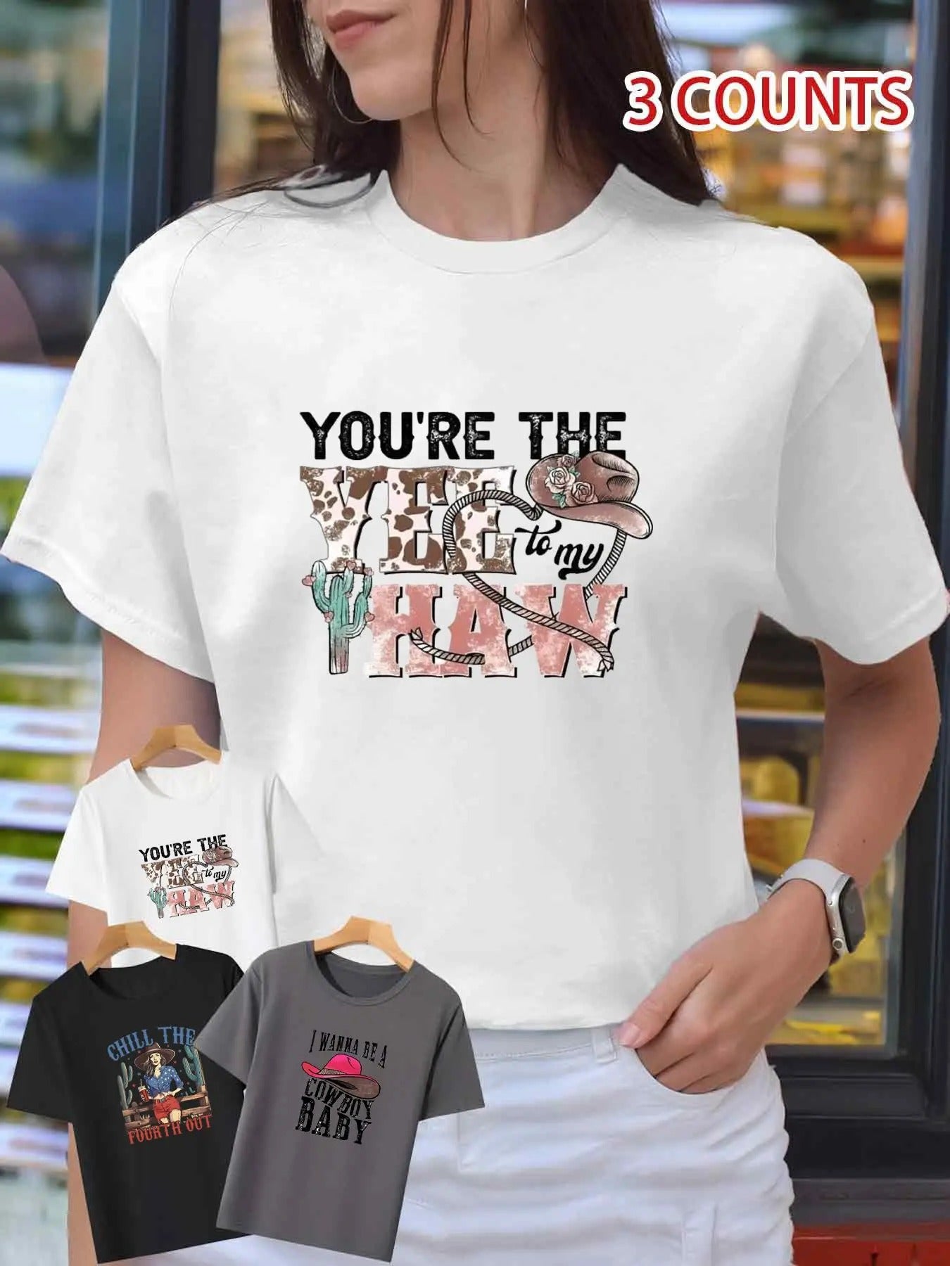 Women's Cartoon Cowboy & Letter Print Round Neck Tee, Casual Short Sleeve T-shirt for Summer, Ladies Clothes for Daily...