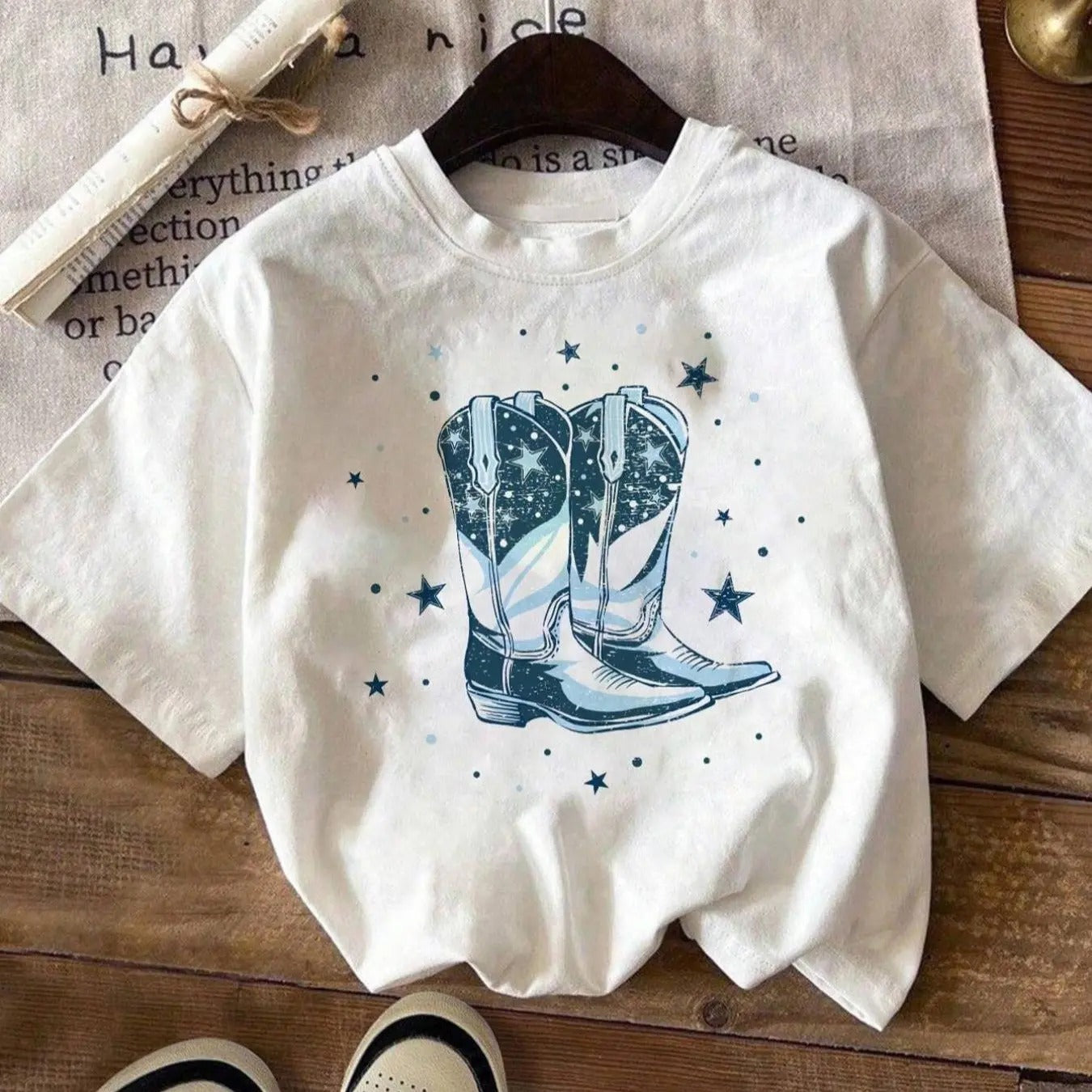 Women's Cartoon Cowboy Boots Print Round Neck Tee, Fashion Casual Drop Shoulder Short Sleeve T-shirt, Ladies Summer...