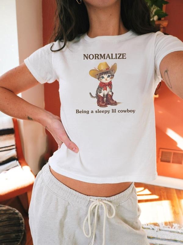 Women's Cartoon Cowboy Cat Print Round Neck Tee, Fashion Casual Short Sleeve T-shirt, Ladies Summer Clothes for Daily...
