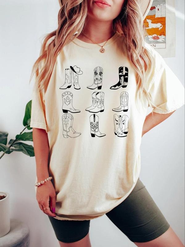 Women's Cartoon Cowboy Shoes Print Round Neck Tee, Casual Half Sleeve T-shirt for Spring & Fall, Women's Top for Daily...