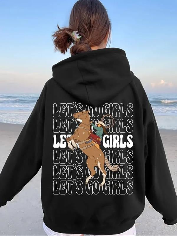 Women's Cartoon Cowgirl & Letter Print Drop Shoulder Hoodie, Fashion Casual Drawstring Pocket Hooded Sweatshirt for Daily...