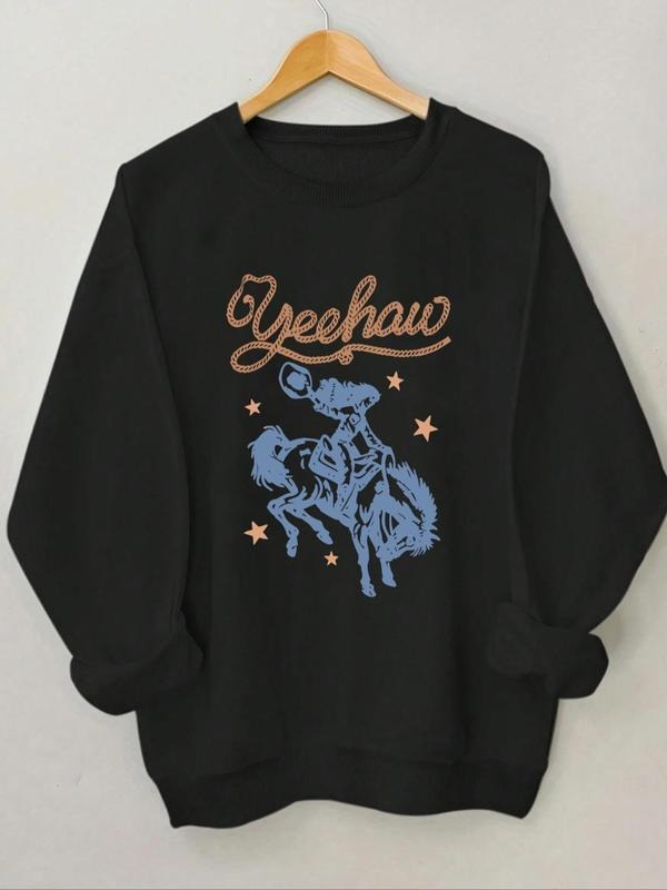 Women's Cartoon Cowgirl & Letter Print Drop Shoulder Thermal Lined Sweatshirt, Casual Long Sleeve Round Neck Pullover for...