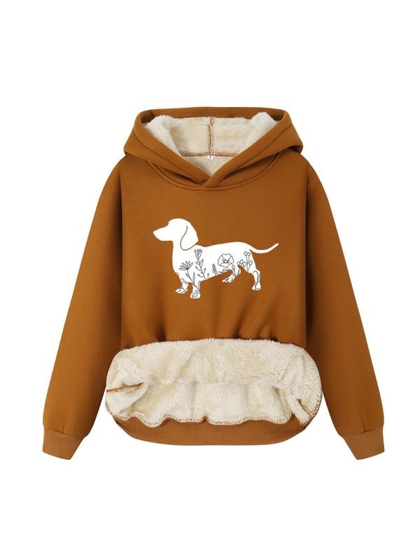 Women's Cartoon Dachshund & Floral Print Plush Hoodie, Casual Long Sleeve Thermal Lined Hooded Sweatshirt for Fall &...