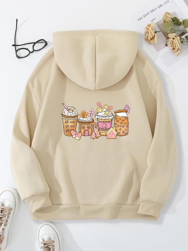Women's Cartoon Dessert Print Hoodie, Fashion Casual Drawstring Pocket Hooded Sweatshirt for Daily Holiday Wear, Women...