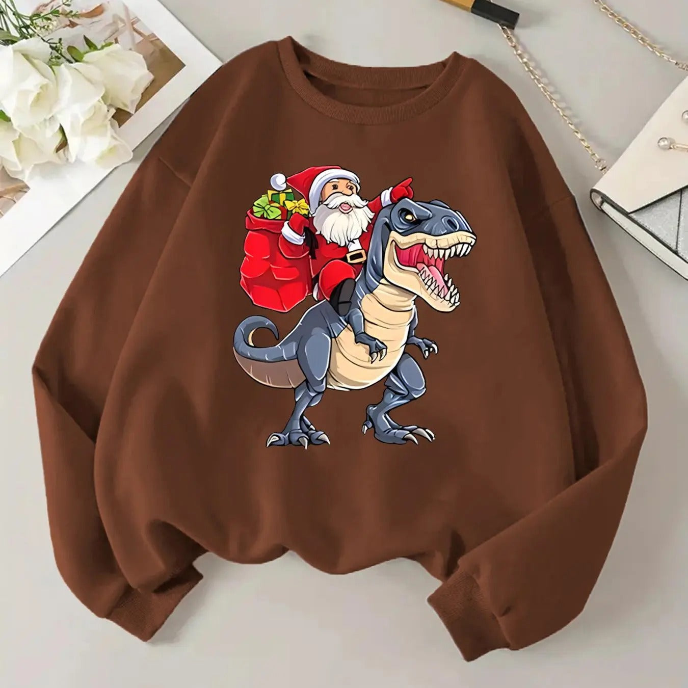 Women's Cartoon Dinosaur & Santa Claus Print Drop Shoulder Sweatshirt, Casual Long Sleeve Round Neck Pullover for Daily...