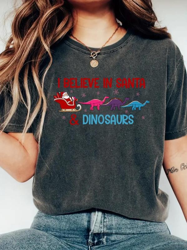 Women's Cartoon Dinosaur & Santa Claus Print Round Neck Tee, 2024 New Style Casual Drop Shoulder Short Sleeve T-shirt for...