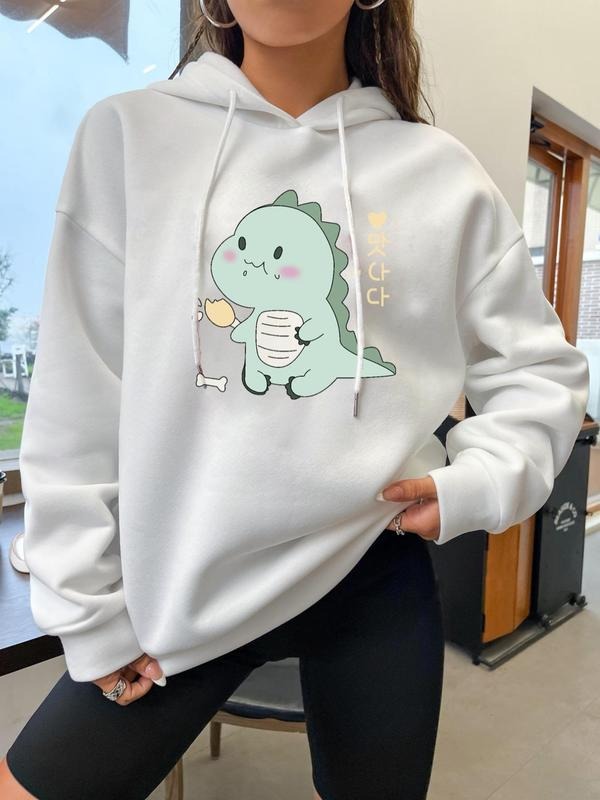 Women's Cartoon Dinosaur Print Drop Shoulder Hoodie, Casual White Graphic Hooded Sweatshirt, Oversized Pullover Tops for...