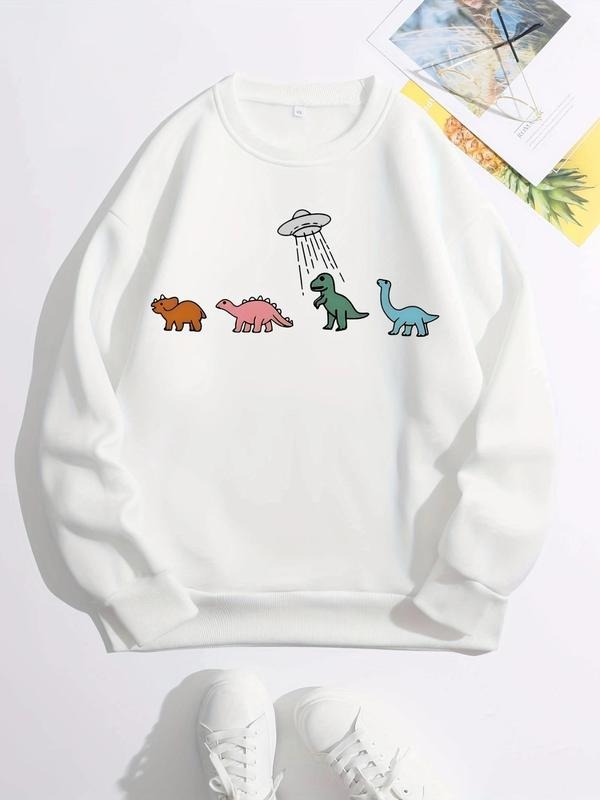 Women's Cartoon Dinosaur Print Drop Shoulder Sweatshirt, Casual Fashion Round Neck Long Sleeve Pullover for Daily Holiday...