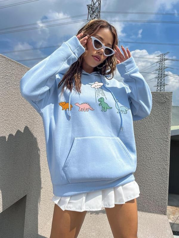 Women's Cartoon Dinosaur Print Pocket Drawstring Hoodie, Fashion Casual Drop Shoulder Long Sleeve Hooded Sweatshirt for...