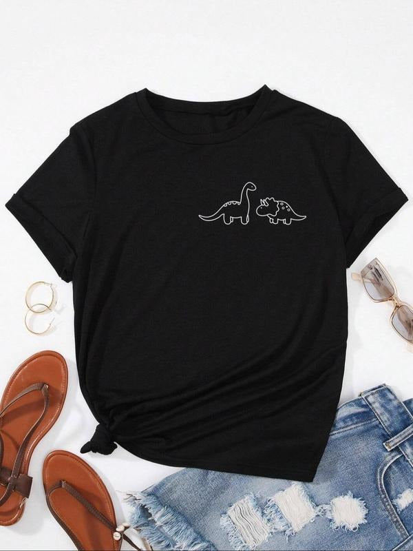 Women's Cartoon Dinosaur Print Round Neck Tee, Casual Short Sleeve Crew Neck T-Shirt for Summer, Fashion Women's Top for...