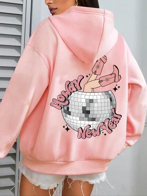 Women's Cartoon Disco Ball & Letter Print Drop Shoulder Hoodie, Fashion Casual Drawstring Pocket Hooded Sweatshirt for...