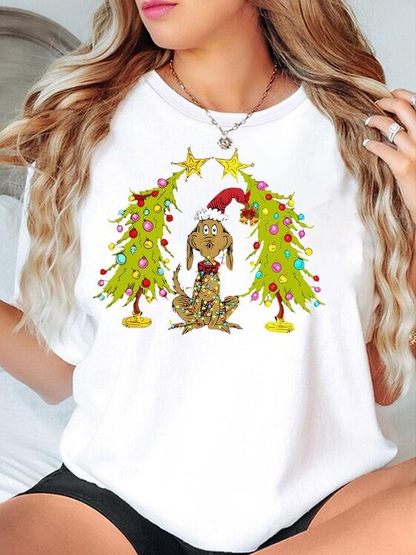 Women's Cartoon Dog & Christmas Tree Print Round Neck Tee, Casual Short Sleeve T-Shirt for Fall & Winter, Women's Top for...
