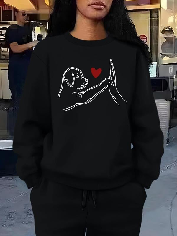 Women's Cartoon Dog & Heart Print Drop Shoulder Sweatshirt, Casual Long Sleeve Round Neck Pullover for Fall & Winter,...
