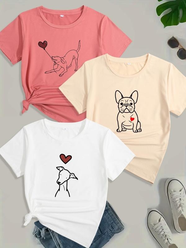 Women's Cartoon Dog & Heart Print Round Neck Tee, Casual Short Sleeve T-shirt for Daily Wear, Ladies Clothes for All...