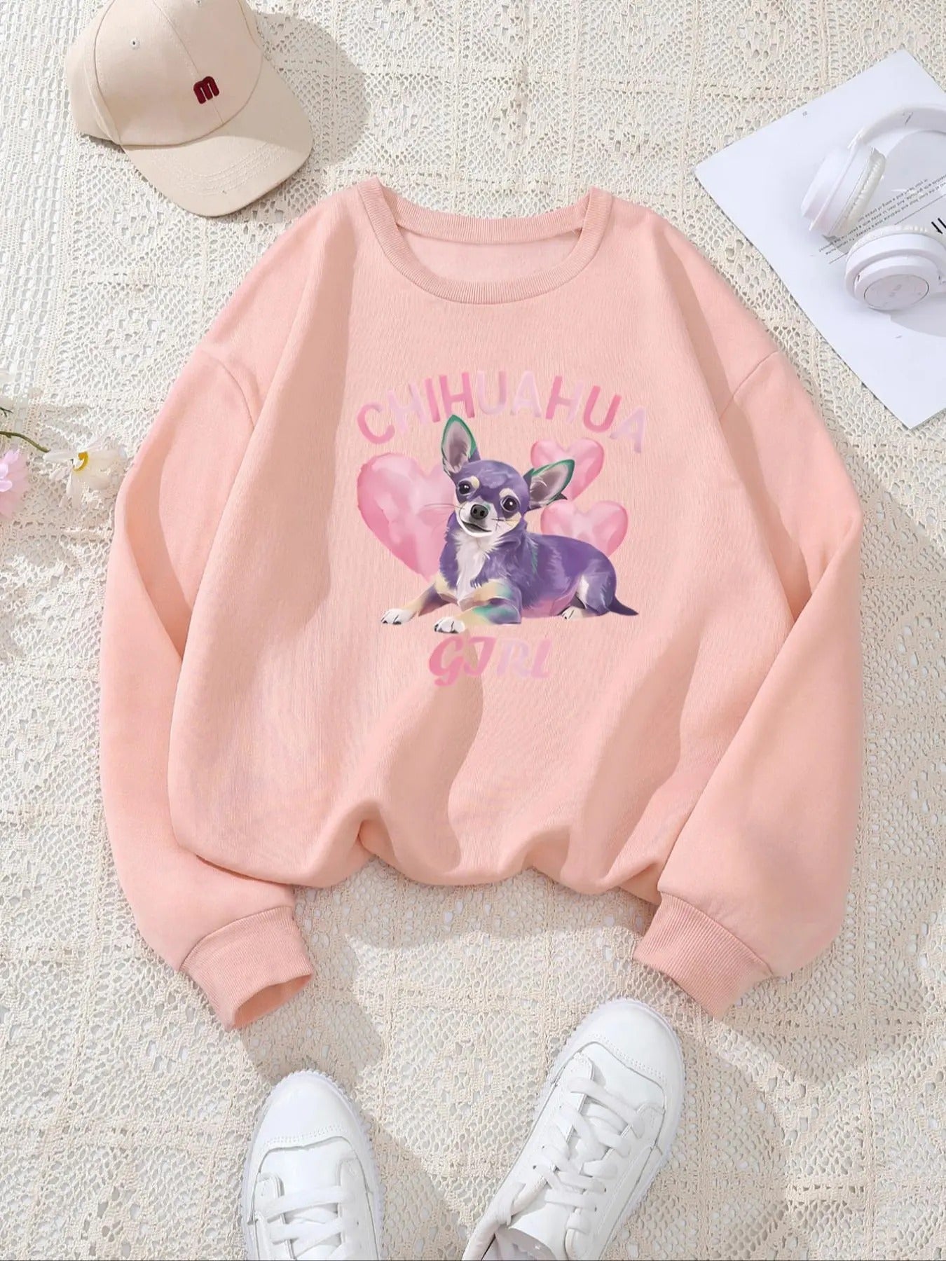 Women's Cartoon Dog & Letter Print Crew Neck Sweatshirt, Casual Long Sleeve Pullover for Fall & Winter, Women's Clothes...