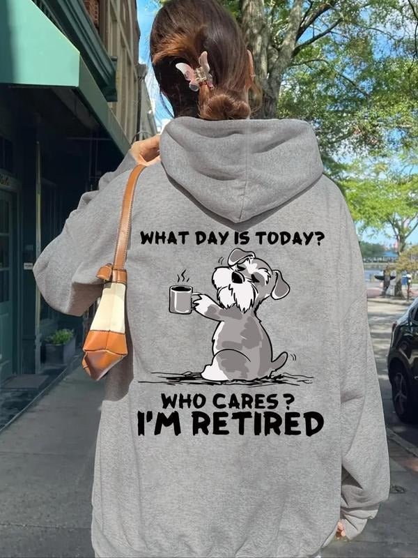 Women's Cartoon Dog & Letter Print Drop Shoulder Hoodie, Fashion Casual Drawstring Pocket Hooded Sweatshirt for Daily...