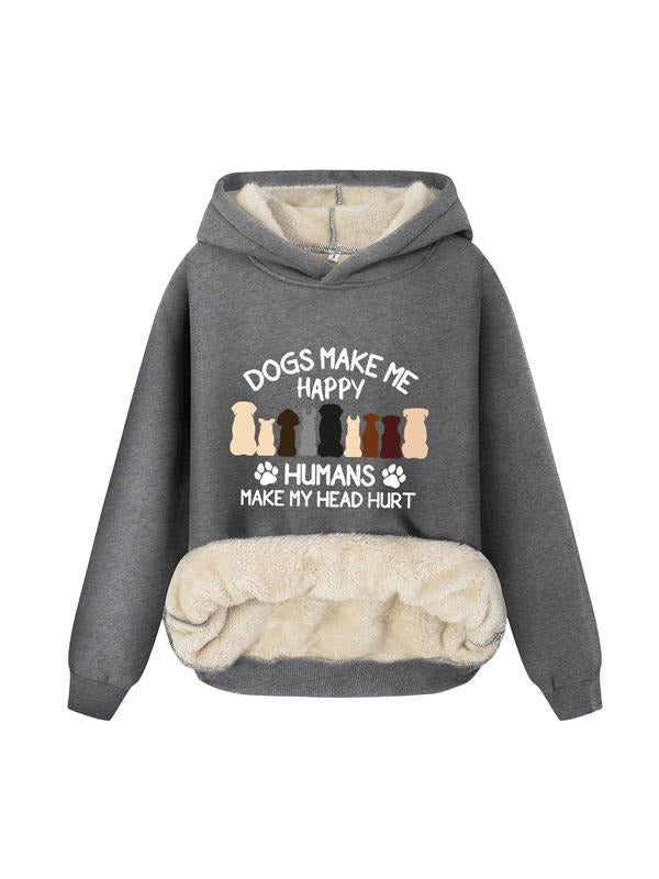 Women's Cartoon Dog & Letter Print Plush Hoodie, Casual Long Sleeve Hooded Sweatshirt for Fall & Winter, Women's Clothes...