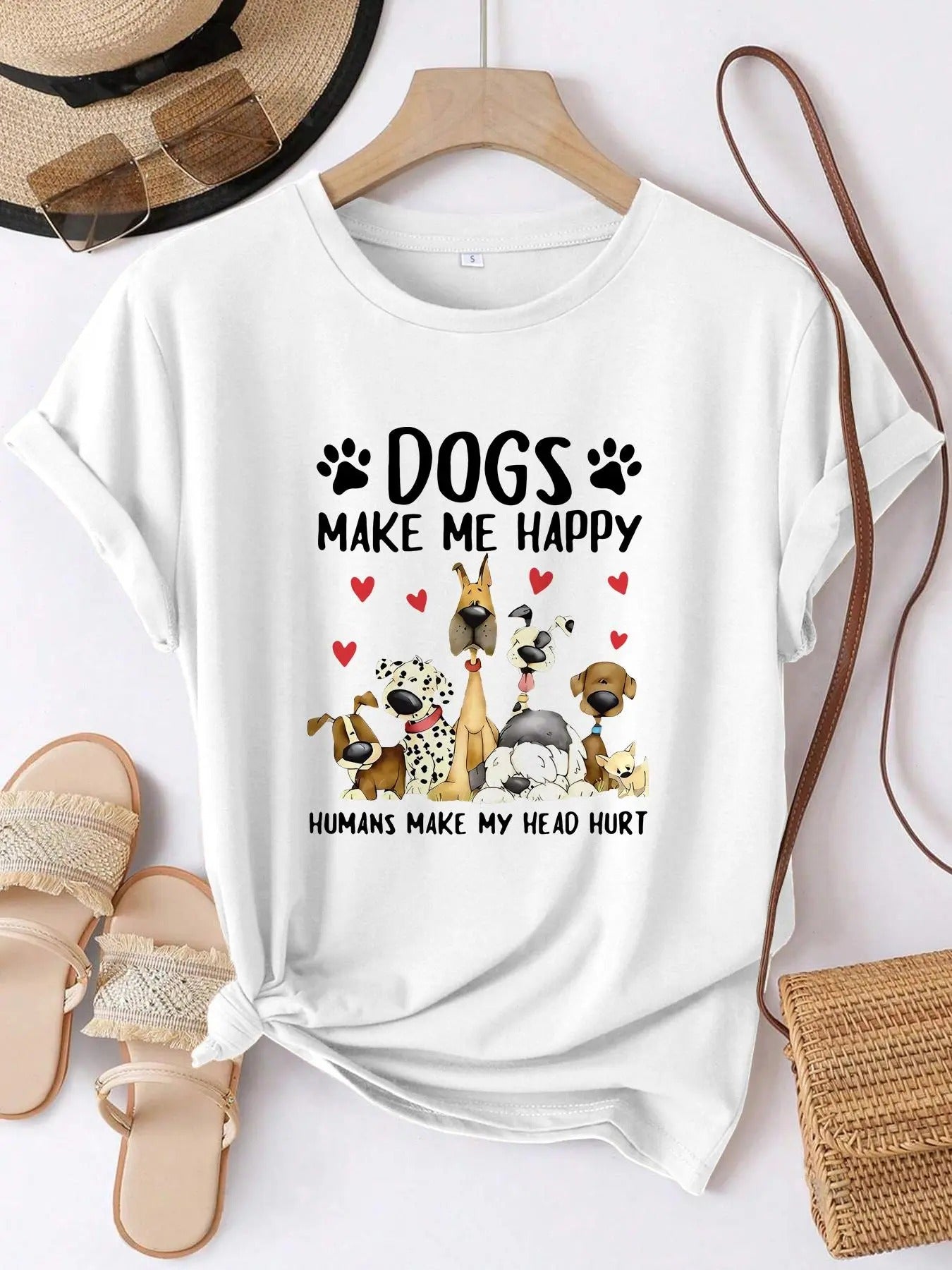 Women's Cartoon Dog Graphic Print Round Neck Tee, Fashion Casual Short Sleeve T-Shirt for Summer, Women's Top for Daily...