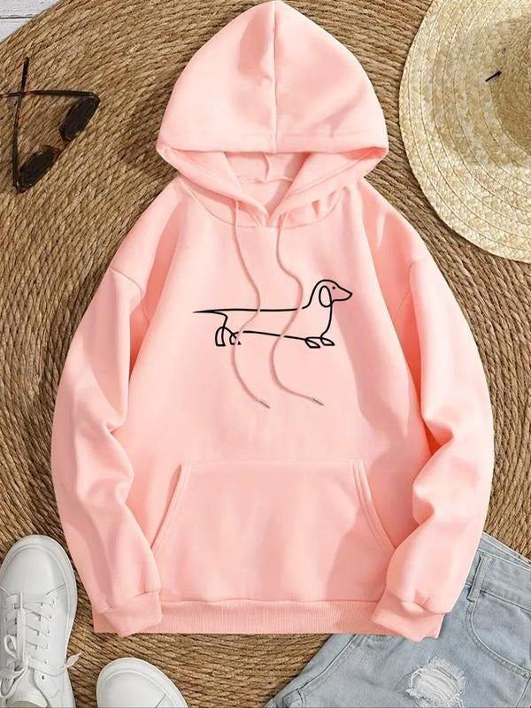 Women's Cartoon Dog Print Drawstring Pocket Hoodie, Casual Drop Shoulder Long Sleeve Hooded Sweatshirt, Lady Fall &...