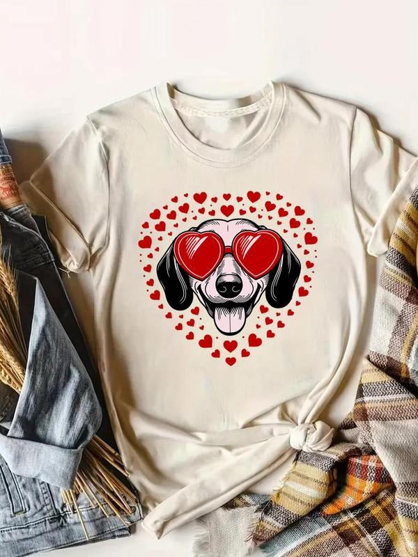 Women's Cartoon Dog Print Round Neck Tee, Casual Short Sleeve T-Shirt for Daily Wear, Comfortable Ladies Clothes for...
