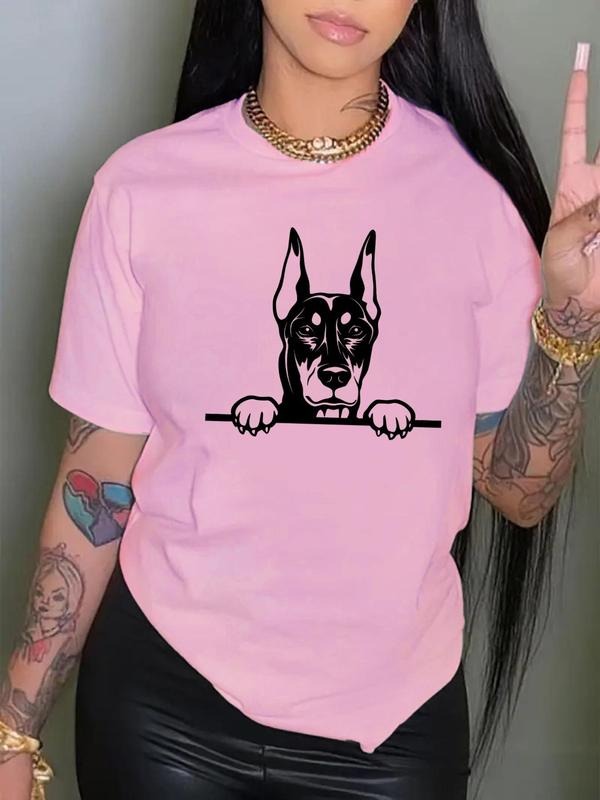 Women's Cartoon Dog Print Round Neck Tee, Fashion Casual Short Sleeve T-shirt, Ladies Summer Clothes for Daily Wear, Top...
