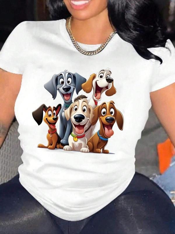 Women's Cartoon Dog Print Round Neck Tee, Trendy Casual Short Sleeve Crew Neck T-shirt for Daily Wear, Ladies Summer...