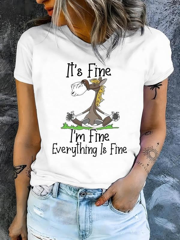 Women's Cartoon Donkey & Slogan Print Round Neck Tee, Fashion Casual Short Sleeve T-shirt for Daily Wear, Ladies Clothes...