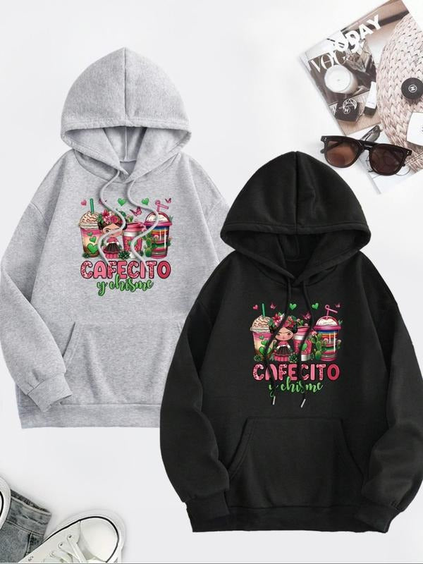 Women's Cartoon Drink Graphic Print Drop Shoulder Hoodie, Fashion Casual Drawstring Pocket Hooded Sweatshirt for Daily...