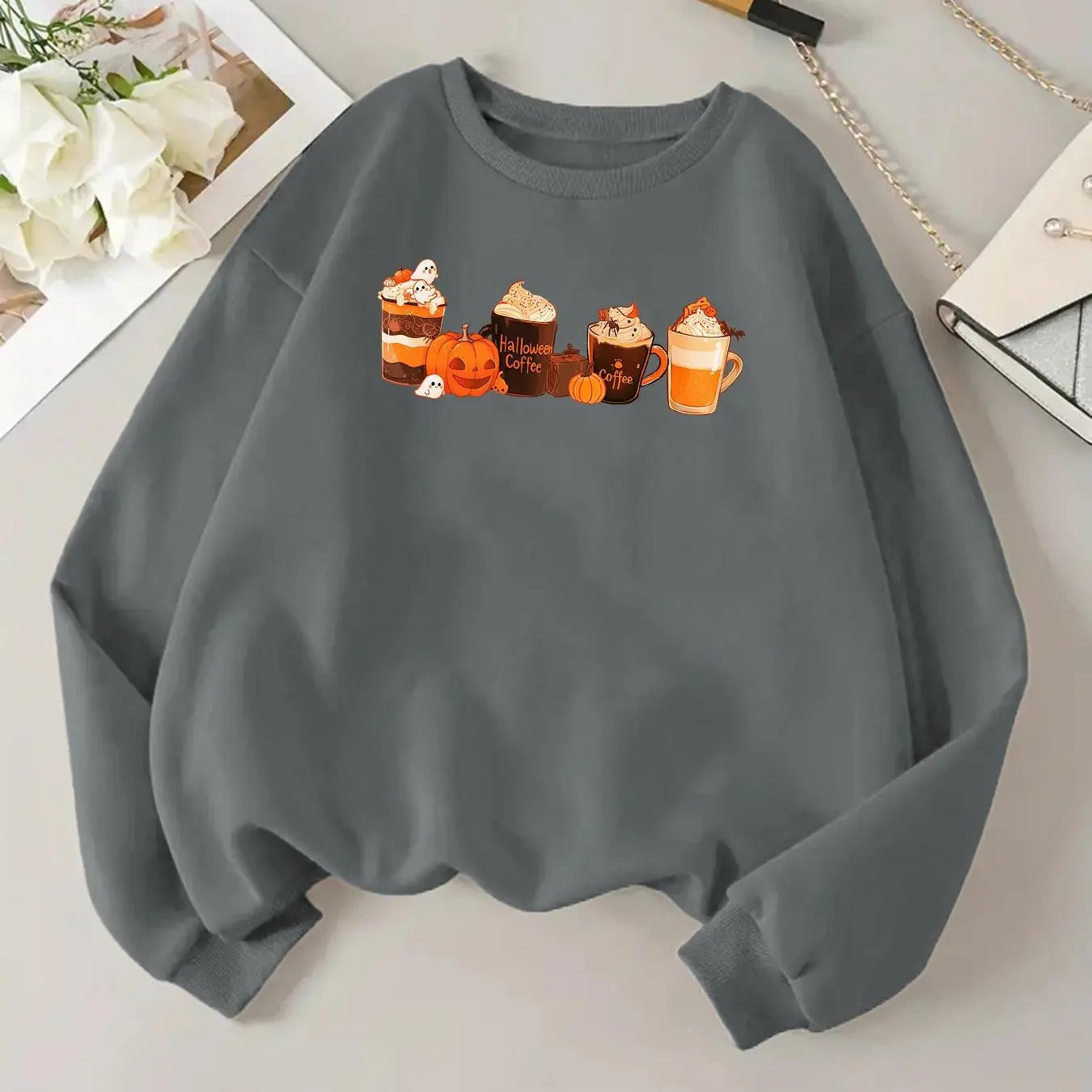 Women's Cartoon Drink Print Drop Shoulder Sweatshirt, Casual Long Sleeve Round Neck Pullover for Daily Wear, Women's...