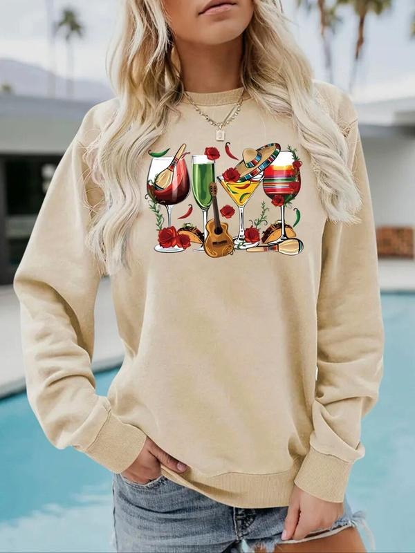 Women's Cartoon Drink Print Drop Shoulder Sweatshirt, Casual Long Sleeve Round Neck Pullover for Fall & Winter, Ladies...