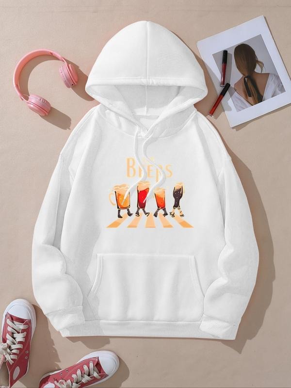 Women's Cartoon Drink Print Hoodie, Fashion Casual Letter Print Hooded Sweatshirt for Daily Holiday Outdoor Wear, Women...