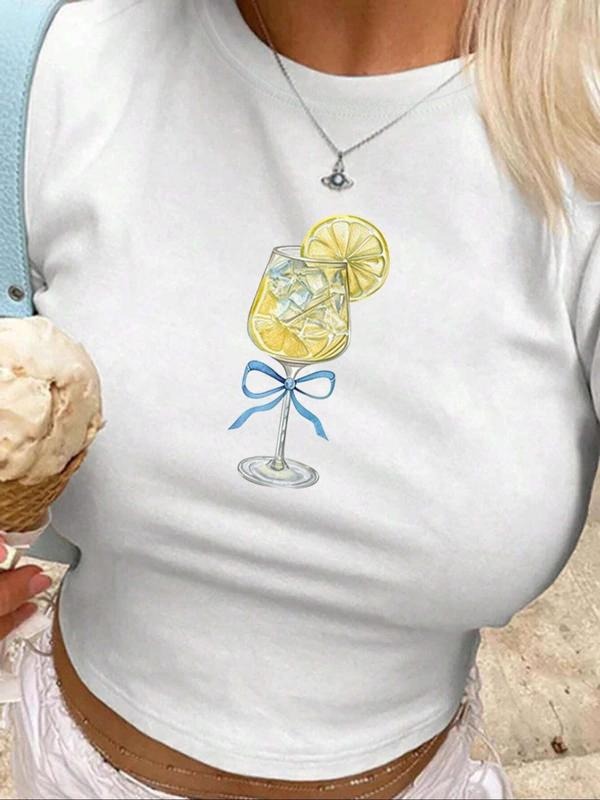 Women's Cartoon Drink Print Round Neck Tee, Casual Short Sleeve T-shirt for Daily Wear, Ladies Clothes for All Seasons,...