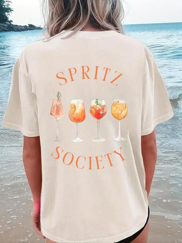 Women's Cartoon Drinks & Letter Print Round Neck Tee, Fashion Casual Crew Neck T-Shirt for Daily Holiday Vacation Outdoor...