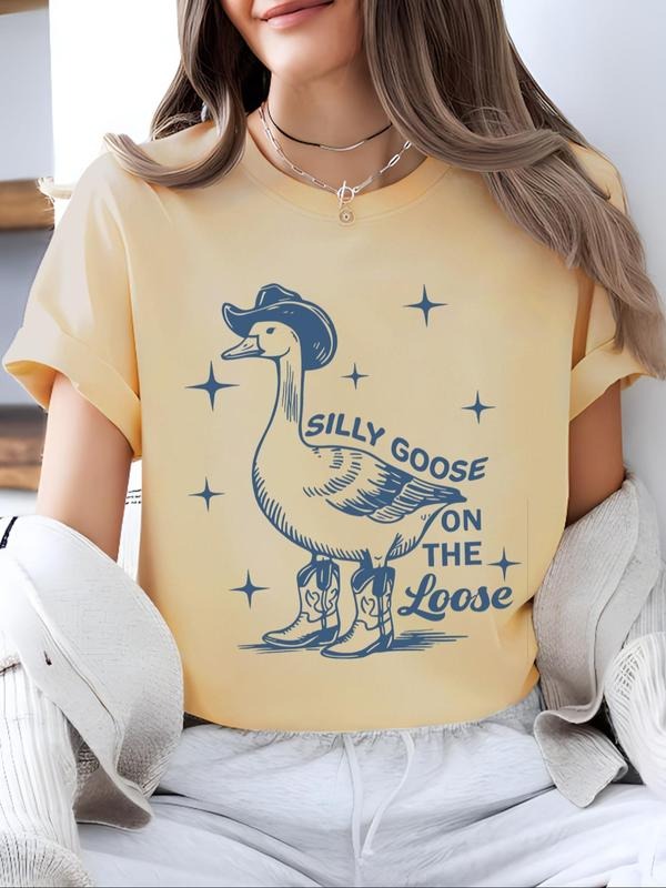 Women's Cartoon Duck & Letter Print Round Neck Tee, Casual Short Sleeve Crew Neck T-shirt for Summer, Fashion Women's Top...