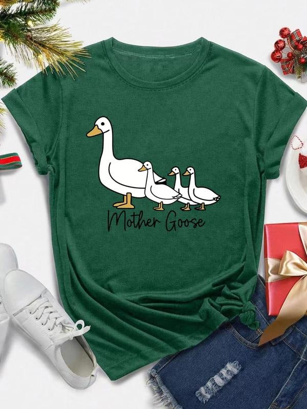 Women's Cartoon Duck & Letter Print Round Neck Tee, Fashion Casual Crew Neck T-Shirt for Daily Holiday Vacation Outdoor...