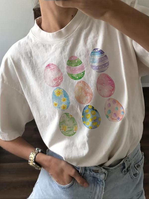 Women's Cartoon Easter Egg Print Drop Shoulder Tee, Casual Half Sleeve Round Neck T-Shirt for Summer, Women's Top for...