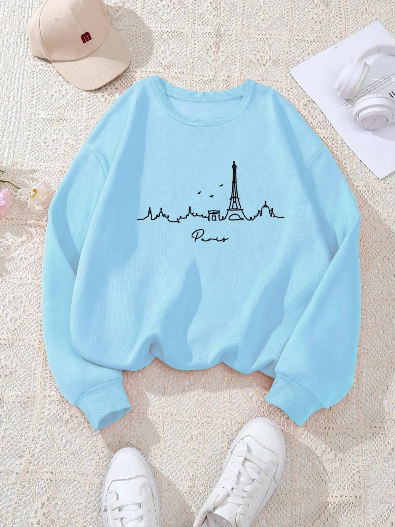 Women's Cartoon Eiffel Tower Print Crew Neck Sweatshirt, Casual Long Sleeve Pullover for Fall & Winter, Women's Clothes...