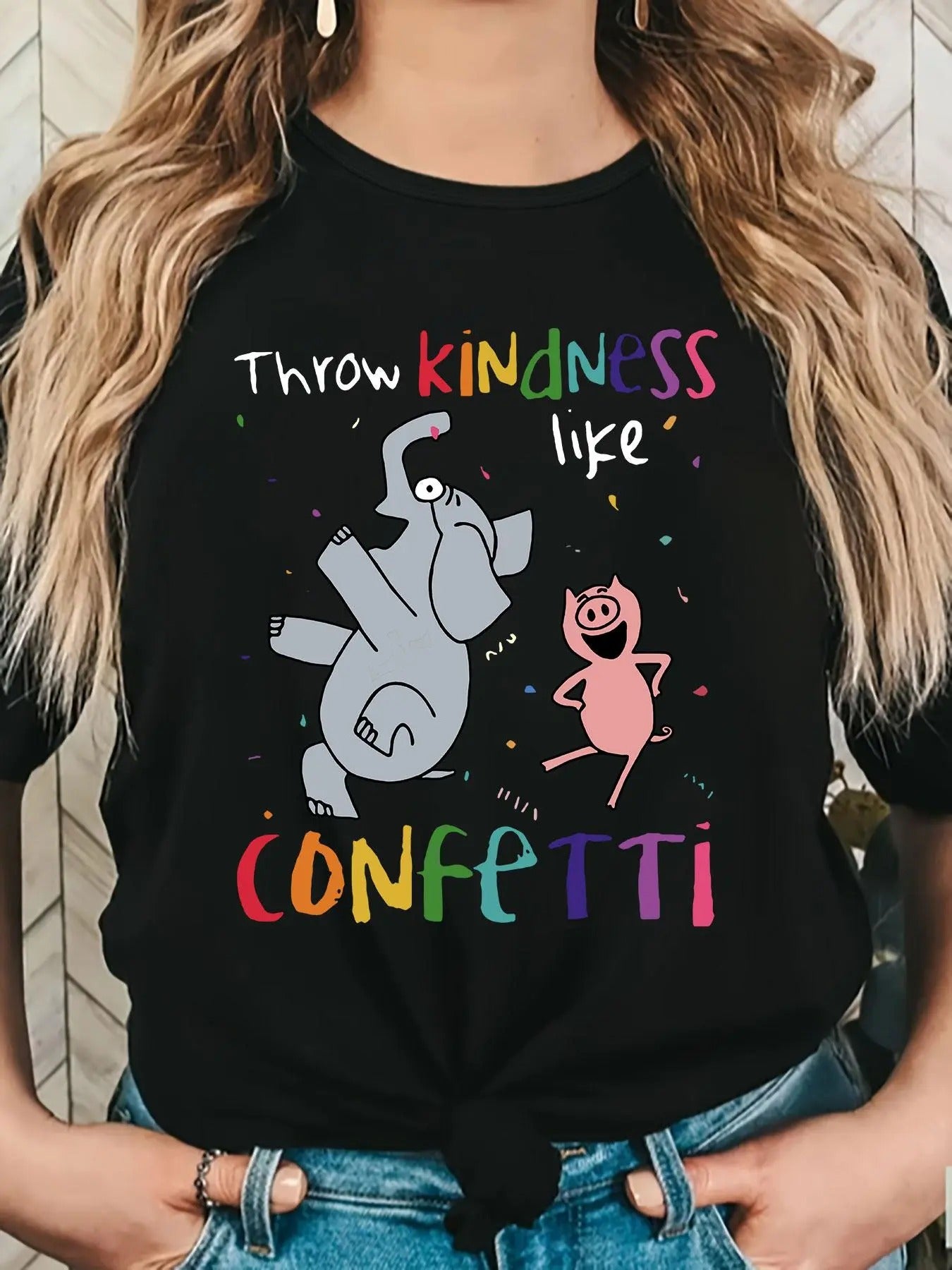 Women's Cartoon Elephant & Letter Print Round Neck Tee, Fashion Casual Crew Neck T-Shirt for Daily Holiday Vacation...