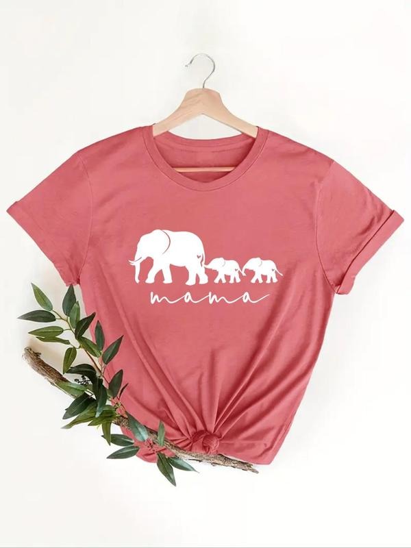 Women's Cartoon Elephant Print Round Neck Tee, Casual Short Sleeve T-shirt for Summer, Ladies Clothes for Daily Wear...
