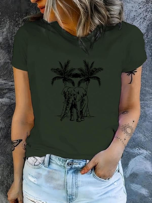Women's Cartoon Elephant Print Round Neck Tee, Fashion Casual Crew Neck T-Shirt for Daily Holiday Vacation Outdoor Wear,...