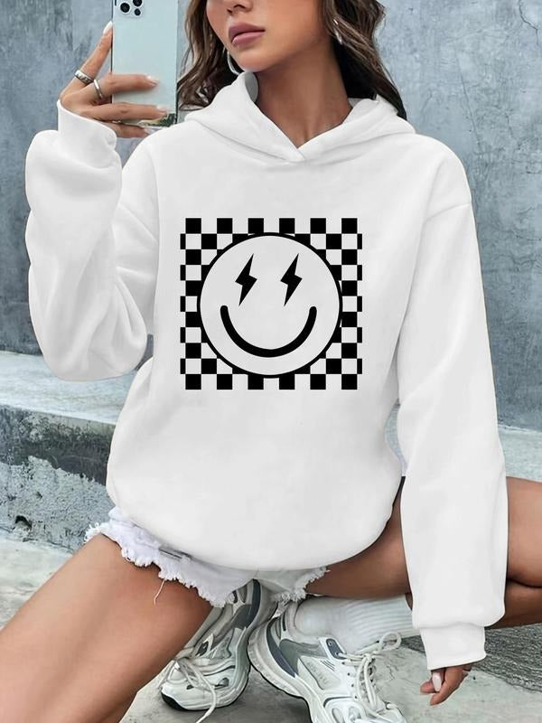 Women's Cartoon Expression Print Hoodie, Casual Drop Shoulder Long Sleeve Hooded Sweatshirt, Lady Fall & Winter Clothes...
