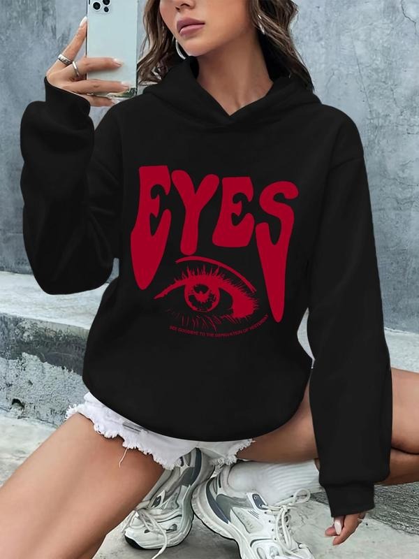 Women's Cartoon Eye & Letter Print Drop Shoulder Hoodie, Fashion Casual Long Sleeve Hooded Sweatshirt for Daily Outdoor...