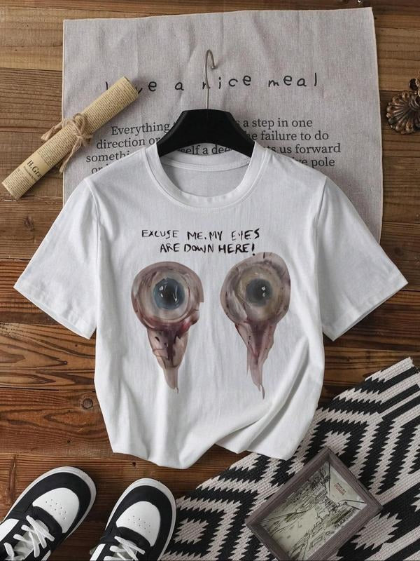 Women's Cartoon Eye Print Round Neck Tee, Fashion Casual Loose Short Sleeve T-shirt for Daily Wear, Ladies Summer...