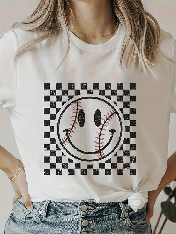 Women's Cartoon Face & Baseball Print Round Neck Tee, Casual Loose Short Sleeve T-shirt for Summer, Women's Top for Daily...