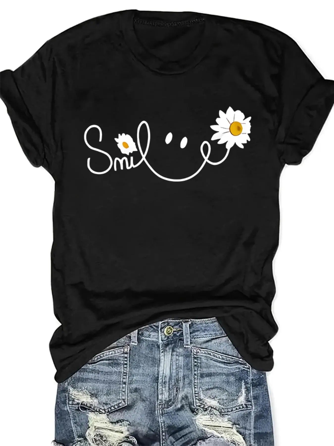 Women's Cartoon Face & Floral Print Round Neck Tee, Casual Short Sleeve Crew Neck T-shirt for Summer, Fashion Women's Top...