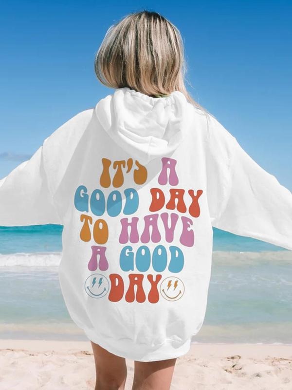 Women's Cartoon Face & Letter Print Drop Shoulder Hoodie, Fashion Casual Drawstring Pocket Hooded Sweatshirt for Daily...