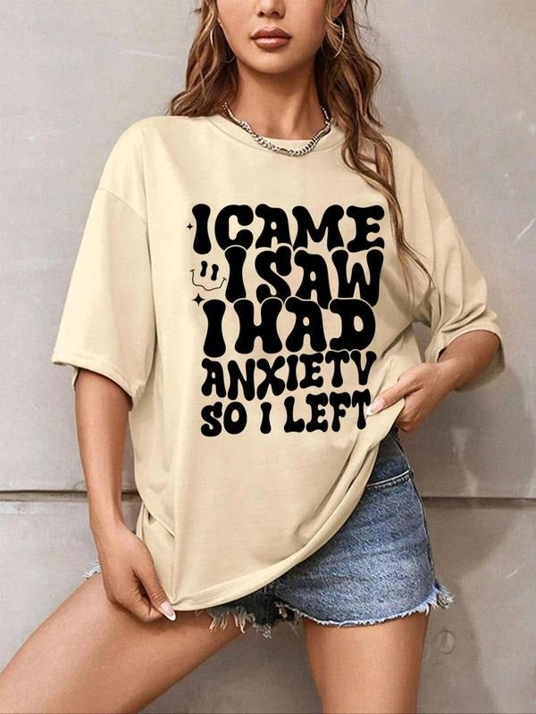 Women's Cartoon Face & Letter Print Round Neck Graphic Tee, Trendy Casual Drop Shoulder Half Sleeve T-shirt for Daily...